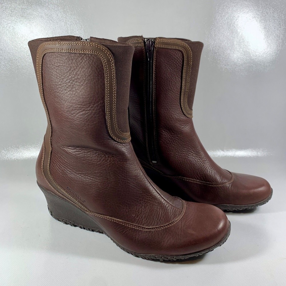 Merrell Womens Wisteria Wedge Ankle Bootie Brown Vibram Side Zipper Sole Size 11